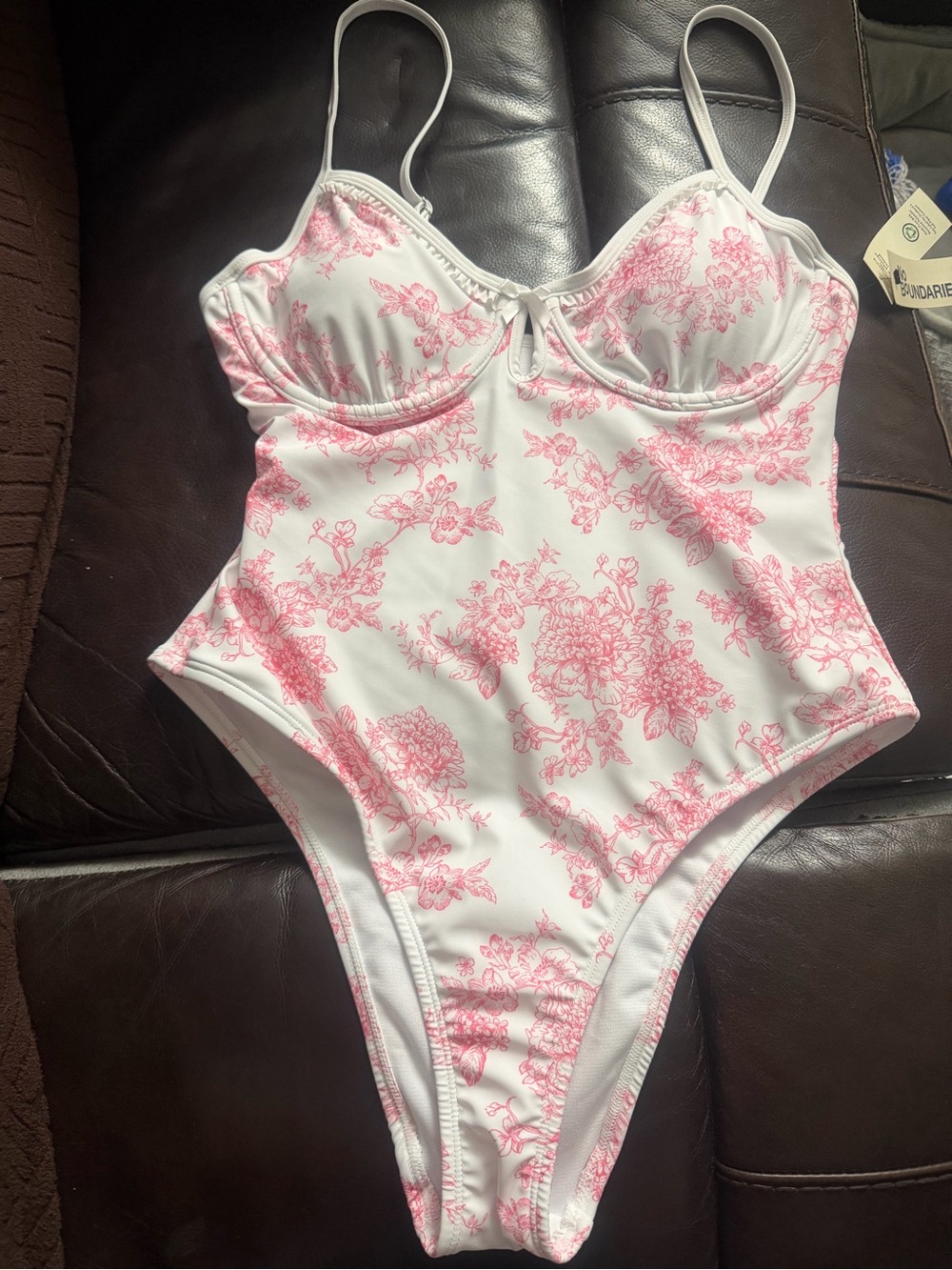 High Leg Extra Cheeky One Piece Swimsuit Floral Toile Pink White Underwire M